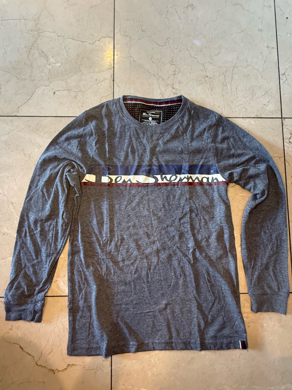 Ben Sherman Gray Long Sleeve Tee with Navy and Burgundy Stripe